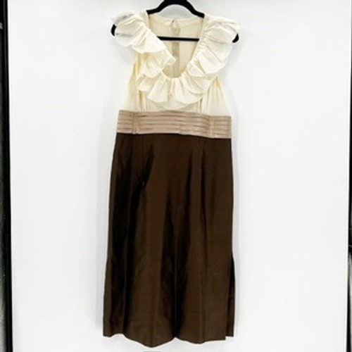 Escada Silk Ruffle Neck Colorblock Midi Dress Brown Cream Size 42